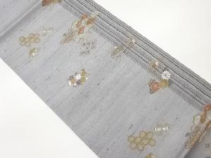 手織り紬縞に草花・宝・古典柄模様織出し洒落袋帯